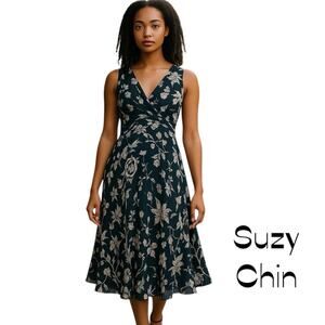 Suzi Chin Black White Floral Silk Midi Dress Size 6